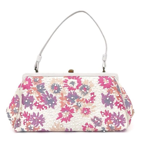 Vintage Magid Beaded Floral Clutch Purse White Pink Purple w Coin Pouch Beaded - Picture 2 of 16